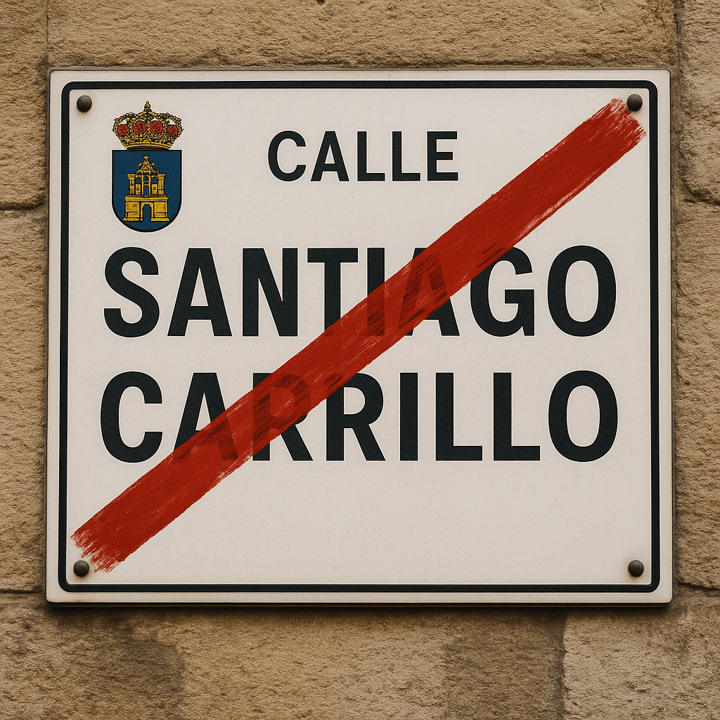 Quitar la callae a Santiago Carrillo Placa de calle con el nombre "Santiago Carrillo" tachado con una franja roja, símbolo de la propuesta de VOX Gijón para eliminar su nombre del callejero por su vinculación con crímenes del comunismo.