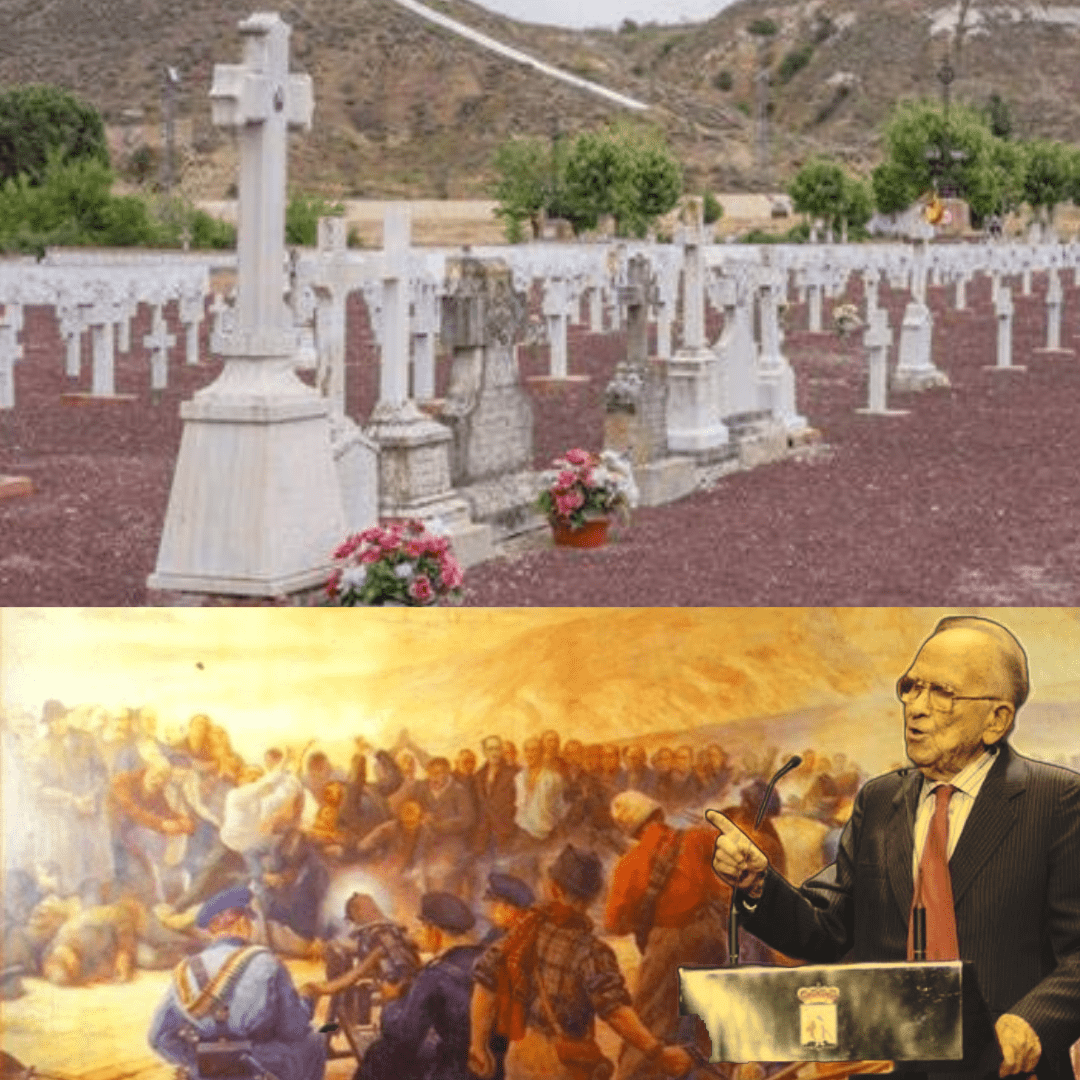 Santiago Carrillo _ Sara Álvarez Rouco Cementerio de Paracuellos del Jarama con cruces blancas en memoria de las víctimas, acompañado de una pintura que representa la masacre de 1936 y la figura de Santiago Carrillo en un atril