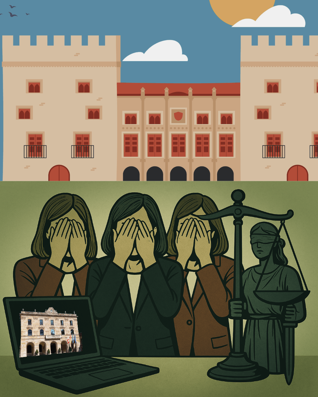 Tres responsables municipales se tapan los ojos ante un ordenador, mientras la justicia protege al funcionario injustamente acusado en Gijón.