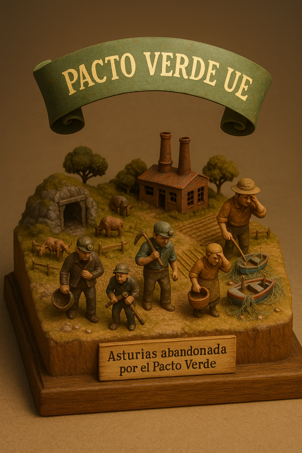 Miniatura digital que representa Asturias abandonada por el Pacto Verde, con minas cerradas, fábricas oxidadas, campos secos y barcos varados, rodeados de pequeños mineros, ganaderos y pescadores preocupados bajo un gran documento verde de la UE. Texto: Asturias abandonada por el Pacto Verde.