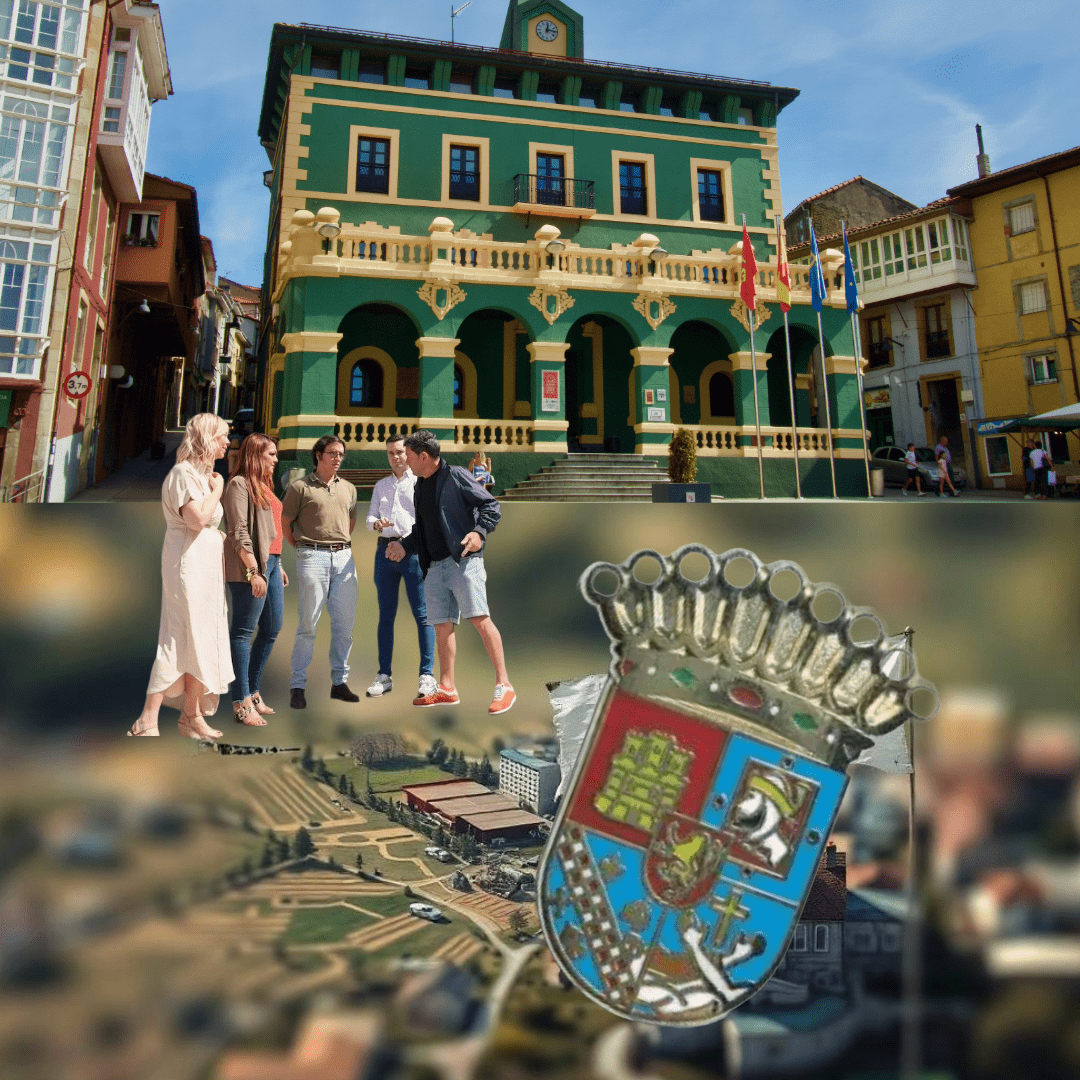 Sara-alvarez-Rouco_pacto_roto_Tineo Fachada del Ayuntamiento de Tineo con los diputados de Vox, Sara álvarez Rouco y José María Figaredo con Carolina López apoyando a los concejales de Vox en el Ayuntamiento de Tineo primer plano y el escudo del concejo superpuesto sobre una vista aérea del municipio, simbolizando el conflicto político local y la ruptura del pacto de gobierno.