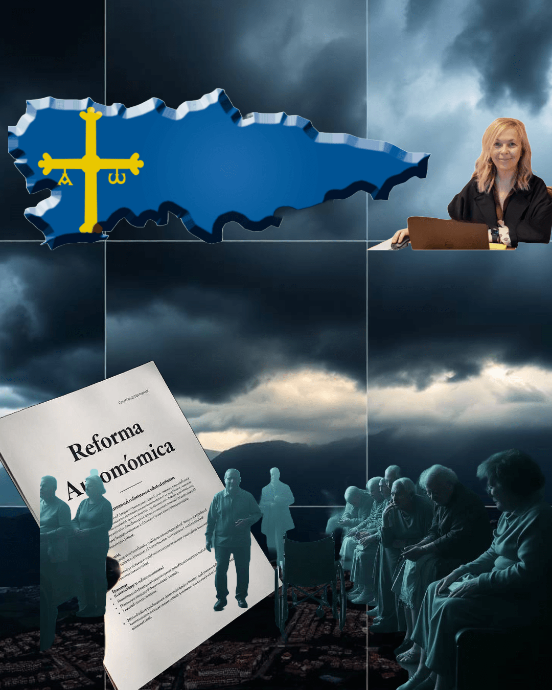 Sara-álvarez-rouco Collage simbólico sobre la situación política y social de Asturias. En el centro, la silueta azul de Asturias con la Cruz de la Victoria. A la derecha, una mujer rubia sonriente frente a un portátil representa a la diputada Sara Álvarez Rouco. En la parte inferior, una página con el título “Reforma Autonómica” está rodeada de figuras humanas difuminadas y ancianos sentados junto a una silla de ruedas, todo ello sobre un fondo oscuro de nubes y una ciudad al atardecer. La escena transmite una sensación de crisis institucional y abandono socia